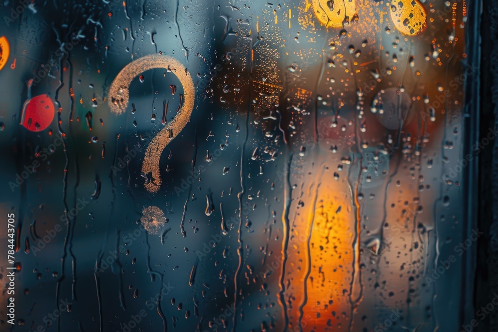 Poster raindrops on a window with a question mark symbol, suitable for educational or mystery-themed design
