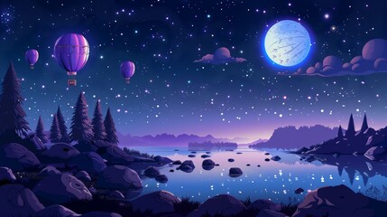 An aerial flight of balloons over a lake with rocks and conifers trees and a starry sky with a full moon. Aerial flight travel, night scenery landscape, cartoon modern illustration, background.