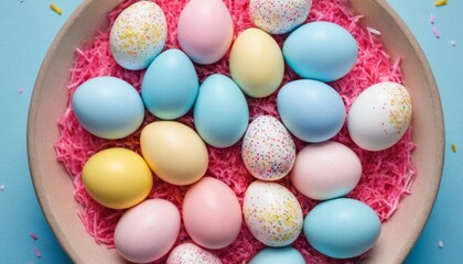 Fototapeta na wymiar Top view photo of yellow pink blue white Easter eggs and sprinkles on isolated pastel blue background with empty space