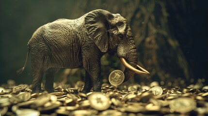 Toy elephant standing on a pile of coins, suitable for financial concepts - obrazy, fototapety, plakaty