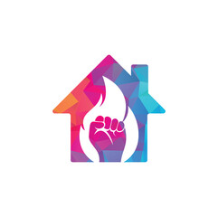  Fire Fist home shape concept Logo Vector. Revolution Protest Flame Fist Symbol. Web Icon Logo Template Design Element