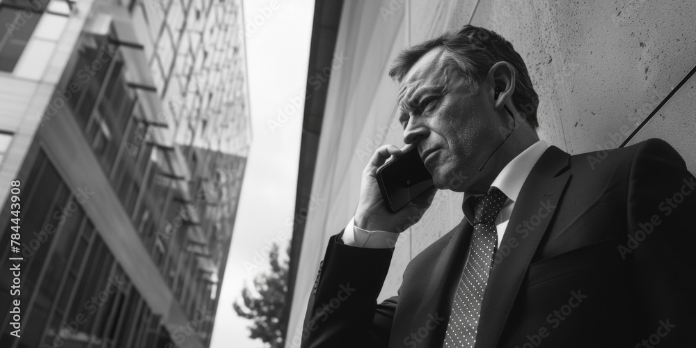 Poster a man in a suit talking on a cell phone. suitable for business concepts