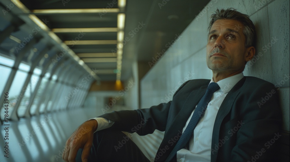 Poster a man in a suit and tie leaning against a wall. ideal for business concepts