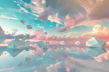 3D abstract landscape of floating geometric shapes in a surreal sky