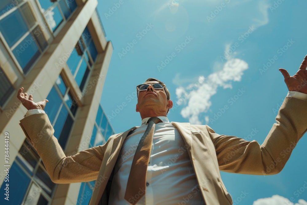 Poster a man in a suit and tie standing in front of a modern office building. suitable for business concept
