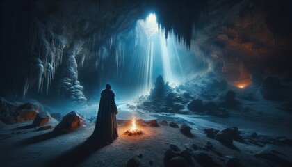 spacious subterranean cavern, a solitary figure stands awestruck, observing the awe-inspiring natural wonder. - obrazy, fototapety, plakaty