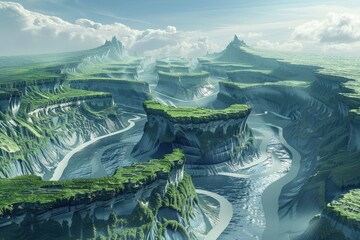 Surreal 3D landscape of bending rivers and floating mountains