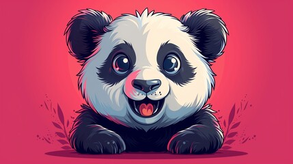 A cute cartoon sticker of a smiling panda, placed on a solid pink background, exuding happiness and...