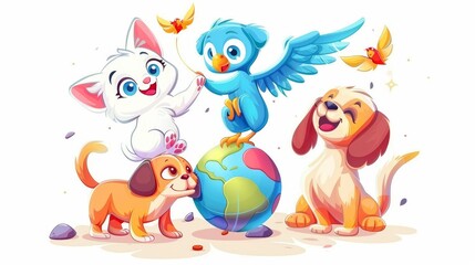 Obraz na płótnie Canvas Home pets white cat, cute kitten play with ball parrot sitting on dachshund dog head. Petcare, adoption and love to animals concept, Modern illustration.