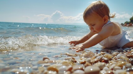 A cute baby playing in the water at the beach. Perfect for summer vacation themes - obrazy, fototapety, plakaty