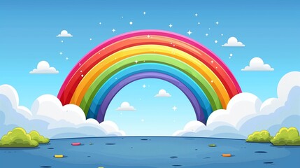 A cute cartoon sticker of a joyful rainbow, placed on a solid sky blue background, representing hope and optimism