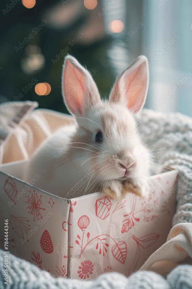 Poster a cute white rabbit sitting in a box. suitable for various projects and designs