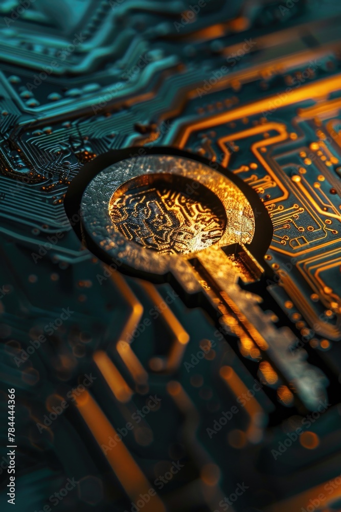 Poster A detailed view of a key on a circuit board, suitable for technology concepts