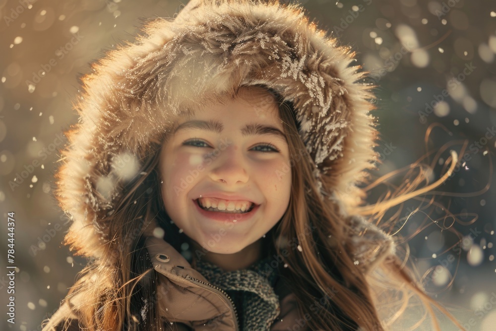 Wall mural A young girl smiling in the snow. Suitable for winter-themed projects