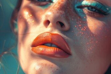 Close up of a woman's face with vibrant orange lipstick, perfect for beauty and makeup concepts