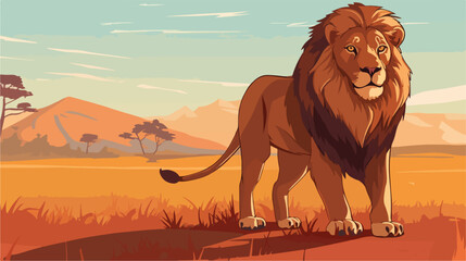 Lion in the wild Kenya 2d flat cartoon vactor illustration