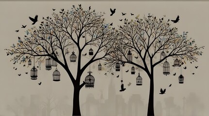 tree with birds and bird cages vector .Generative AI