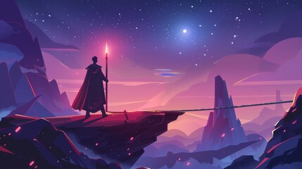 In this cartoon landing page, a wizard with a glowing spear stands in front of a mountain landscape with a suspended bridge under a starry sky, the game is set in a fantasy world, with knights or - obrazy, fototapety, plakaty