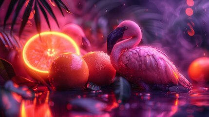 Fruits and a flamingo in a neon setting.