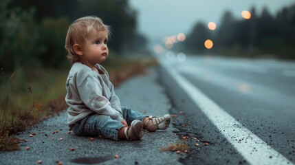 A small child sitting by the roadside, suitable for various concepts - Powered by Adobe