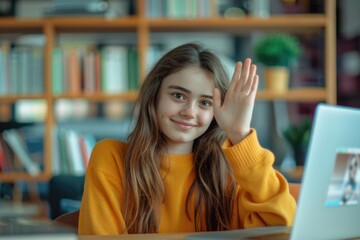 A young girl sitting at a table with a laptop in front of her. Suitable for business or education concepts