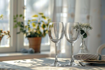 Two empty wine glasses on a table, suitable for restaurant or celebration concepts