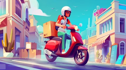 Foto op Plexiglas An illustration of a delivery man with a motorcycle on a modern landing page. Transporting parcels, food from a restaurant and orders from a store. © Mark