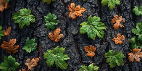 Close up of tree trunk with leaves