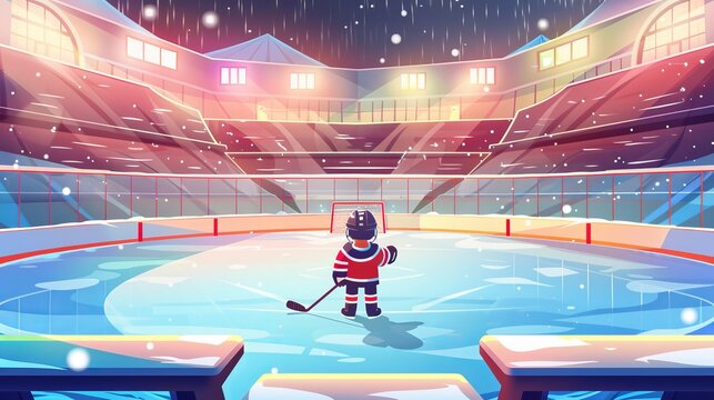 Modern cartoon illustration of public sport stadium with ice field, benches and boy with puck and hockey stick on an ice rink.