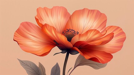 A cute cartoon sticker of a dainty flower, adhered to a solid peach background, symbolizing beauty...