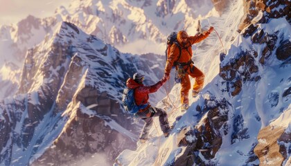 Male climbers on top of a snowy mountain generated AI