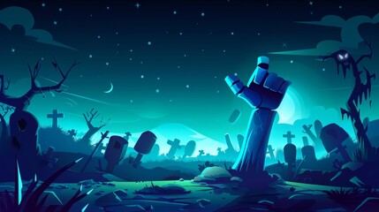A creepy Halloween illustration with a zombie hand poking out of the ground and showing its thumb. Modern cartoon illustration with a night landscape and silhouettes of scary monsters. - obrazy, fototapety, plakaty