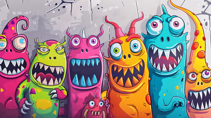 colorful monsters on a brick wall graffiti style