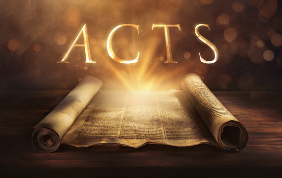 Glowing open scroll parchment revealing the book of the Bible. Book of Acts. Church, evangelism, Holy Spirit, missions, miracles, persecution, conversion, apostles, community, expansion