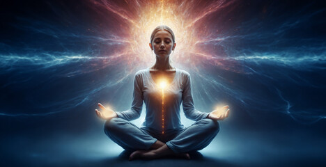woman meditating in yoga position, soul searching and relax, an aura of healing energy around her, very realistic illustration 