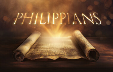 Glowing open scroll parchment revealing the book of the Bible. Book of Philippians. Joy, partnership, humility, encouragement, contentment, Christ-likeness, perseverance, thanksgiving, fellowship - obrazy, fototapety, plakaty