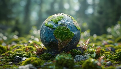 Globe On Moss In Forest Environmental Earth day concept. World Map Green Planet Earth Day or Environment day Concept