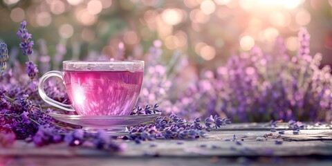 A close shot of a glass cup full with lavender tea kept on a wooden surface decorated with lavender flowers with space, Generative AI.