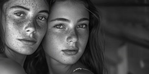 A black and white photo of two women with freckles. Suitable for beauty or diversity concepts