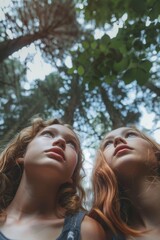 Fototapeta premium Two young girls looking up at the sky. Suitable for educational materials