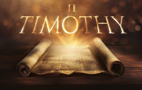 Glowing open scroll parchment revealing the book of the Bible. Book of 2 Timothy. Second Timothy. Paul, discipleship, endurance, perseverance, teaching, truth, encouragement, faithfulness, commission
