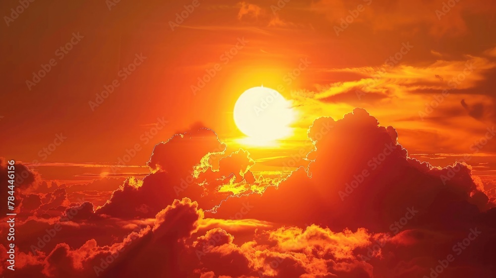 Poster a beautiful sunset setting over fluffy clouds. perfect for various design projects