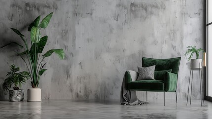 Living room with bright emerald green accent chair. Gray plaster decorative stucco on the wall of microcement texture. Mockup interior design. 3d rendering - obrazy, fototapety, plakaty