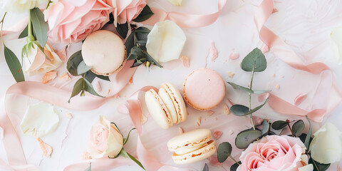 Macarons, flowers and twigs on a pink background
