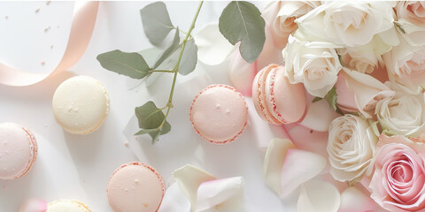 Macarons, roses and silk ribbon lie on the table
