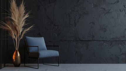 Livingroom in dark gray and blue navy colors. Mockup microcement texture wall interior. Design office. Plaster accents stucco background. Modern reception lounge with rich armchair. 3d render