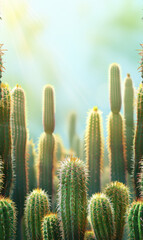 Cacti reaching towards the sunlight in soft focus.