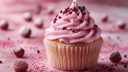 A cute sticker of a sweet cupcake, positioned on a solid pink background, capturing its tempting...