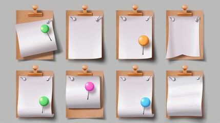 Office stationery for memo board, with pins, white stickers, and pushpins. Empty spaces for messages. Realistic 3D modern illustration, mockup. - obrazy, fototapety, plakaty