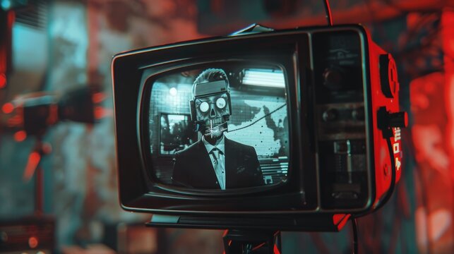 Image of a man in a gas mask displayed on a television screen. Suitable for illustrating news or media coverage of a hazardous event